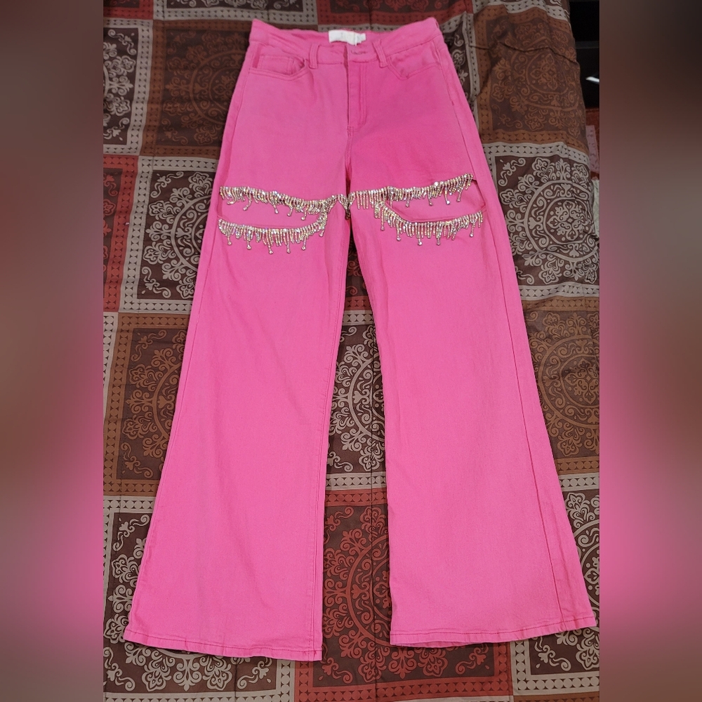 Pink Flare Pants with Rhinestone Accents